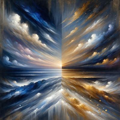 The primary subject of the image is a painting of a sunset over the ocean. The setting is a beach with a beautiful view of the sun going down. The visual style is a painting, and the colors and mood are warm and serene, with a focus on the vibrant colors of the sunset and the ocean.